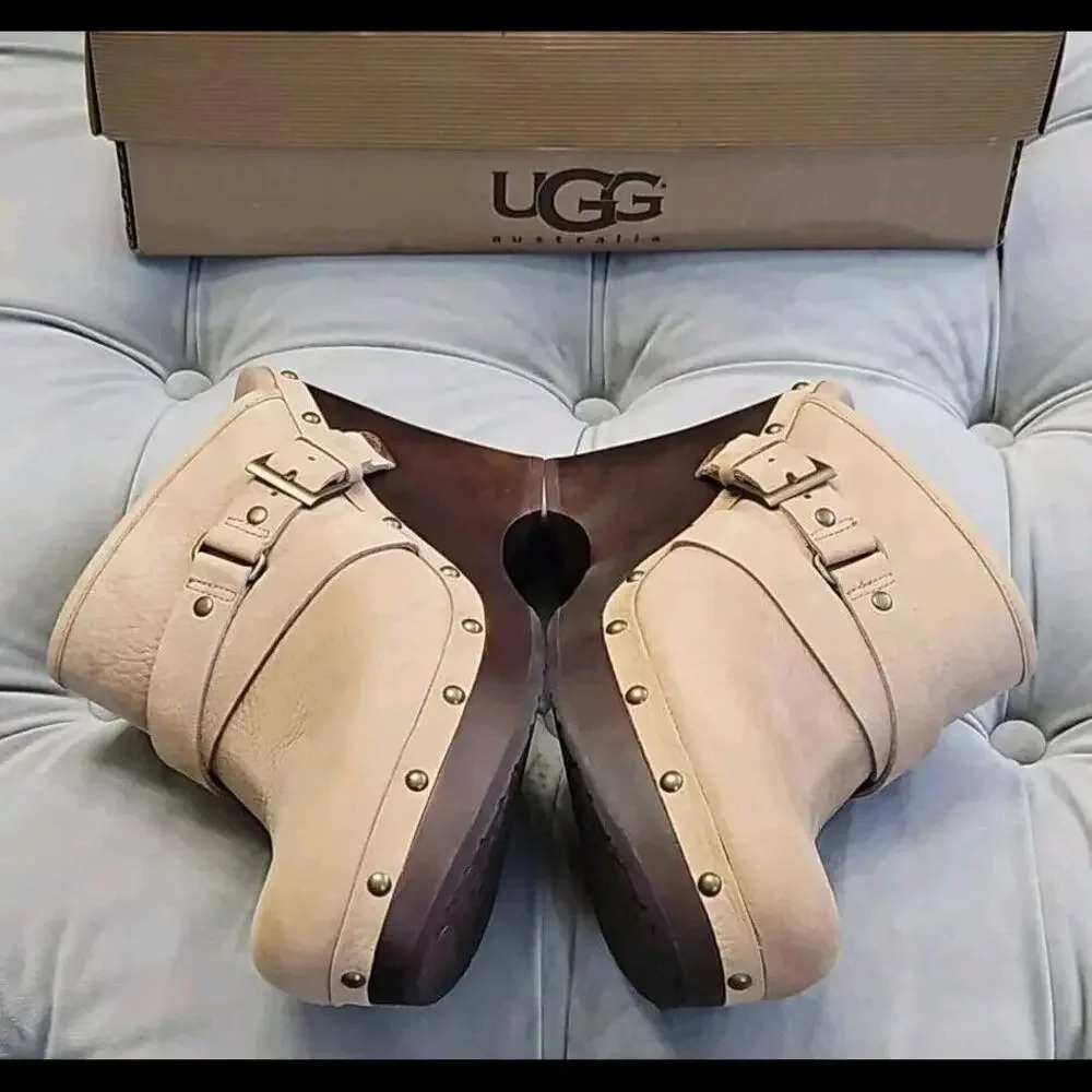UGG Natalee Beige Leather Buckle Slip On Studded Platform Mules Womens Shoes 11 - Picture 3 of 15